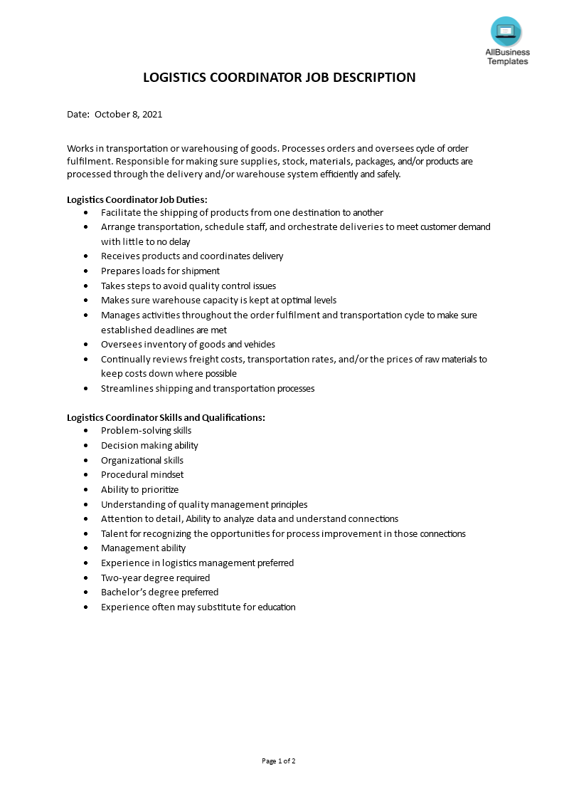 logistics coordinator job description modèles