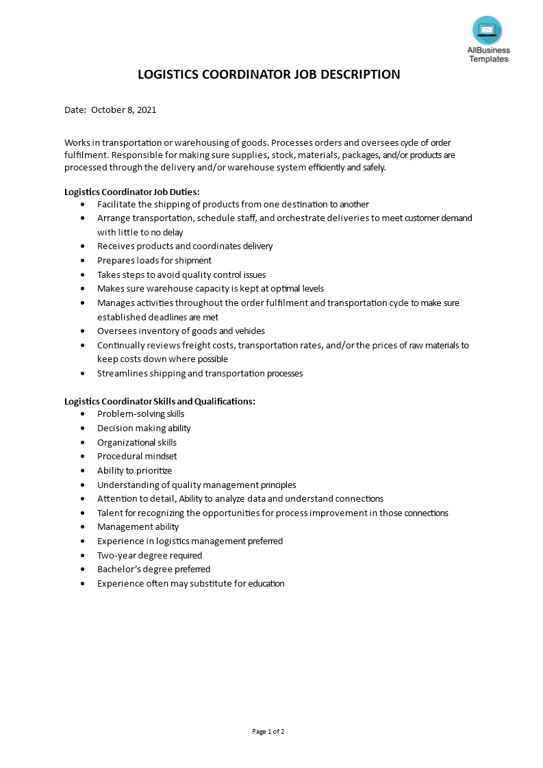 logistics coordinator job description voorbeeld afbeelding 