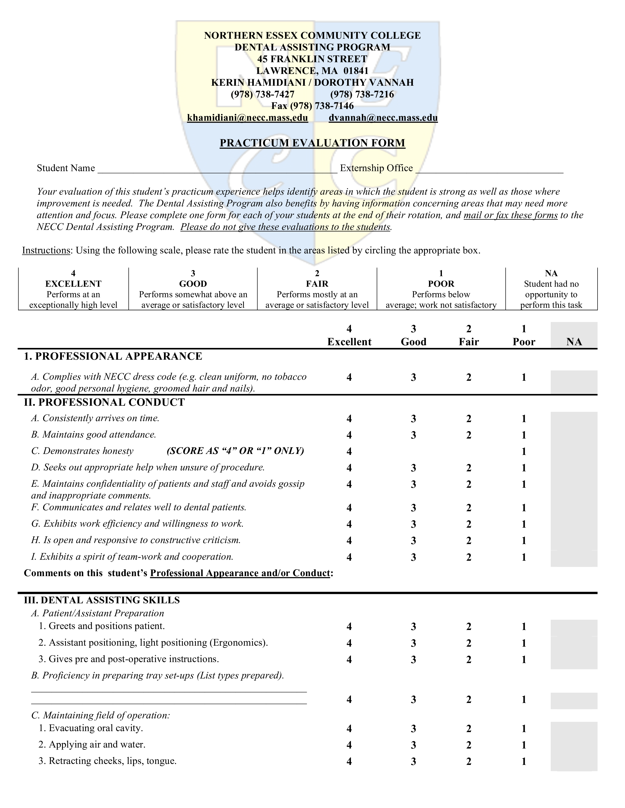 dental assisting practicum evaluation form Hauptschablonenbild