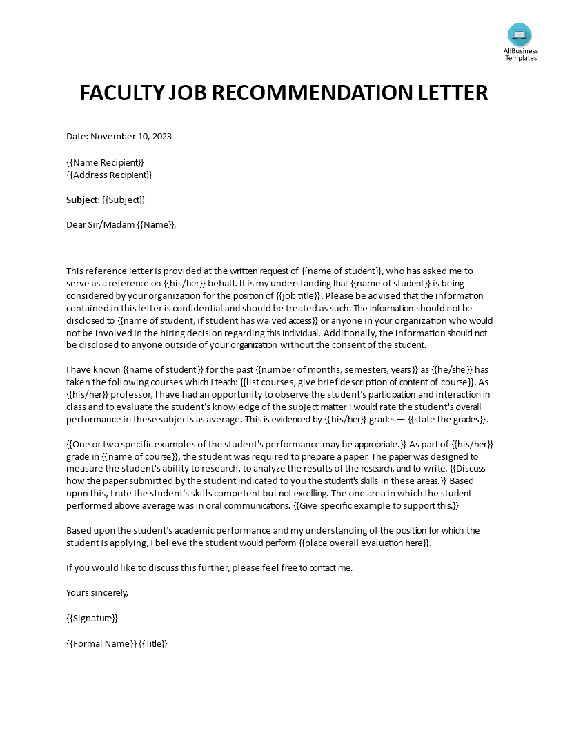 faculty job recommendation letter voorbeeld afbeelding 