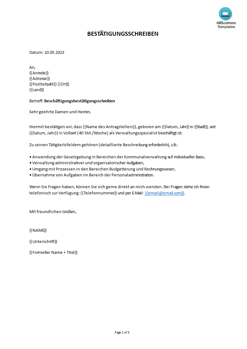 Bestätigungsschreiben Beschäftigungsverhältnis main image