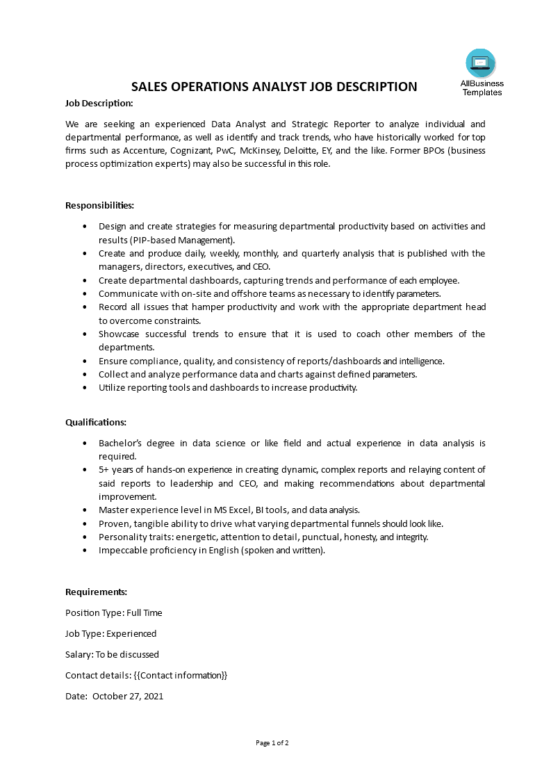 Sales Operations Analyst Job Description main image