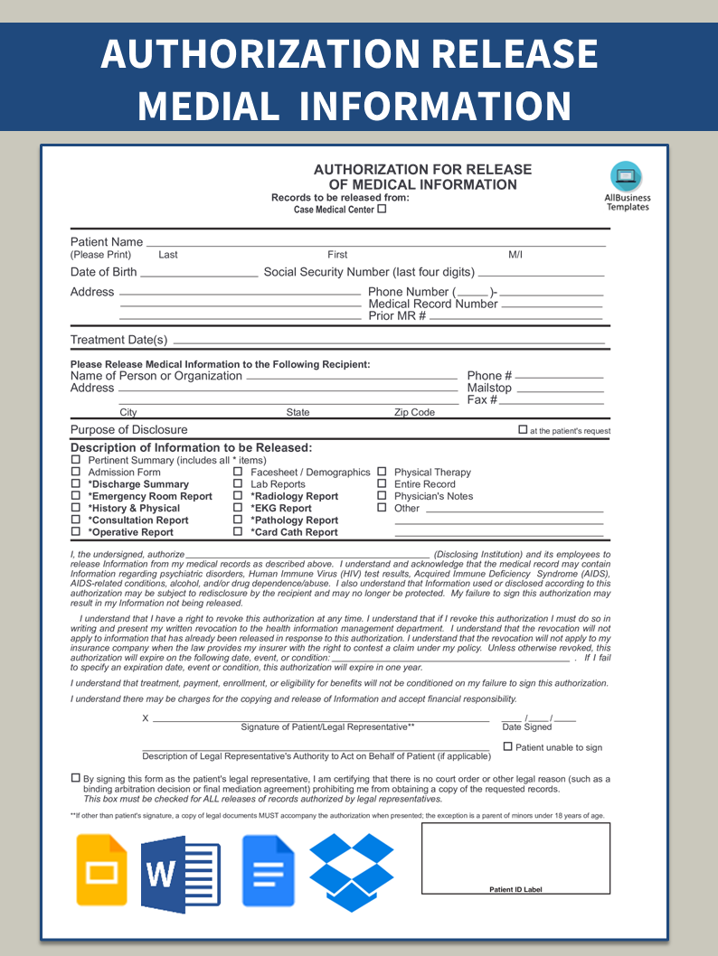 Legal Medical Authorization Release Form 模板