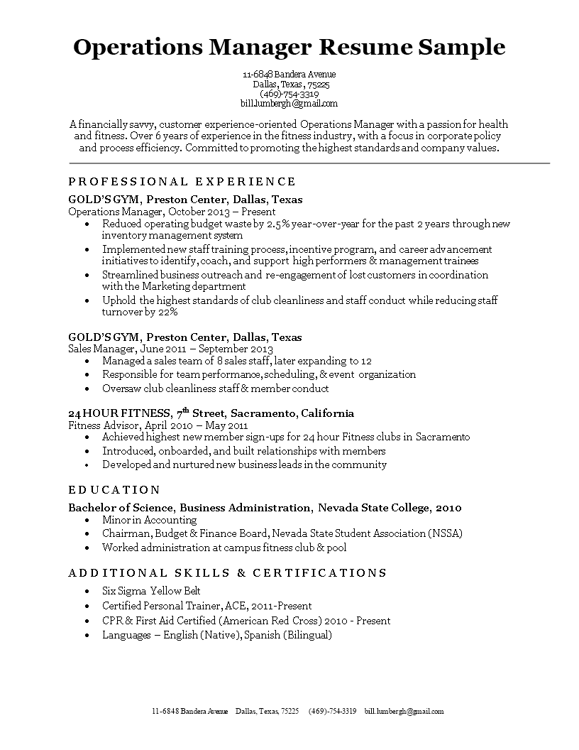 Fitness Manager Resume