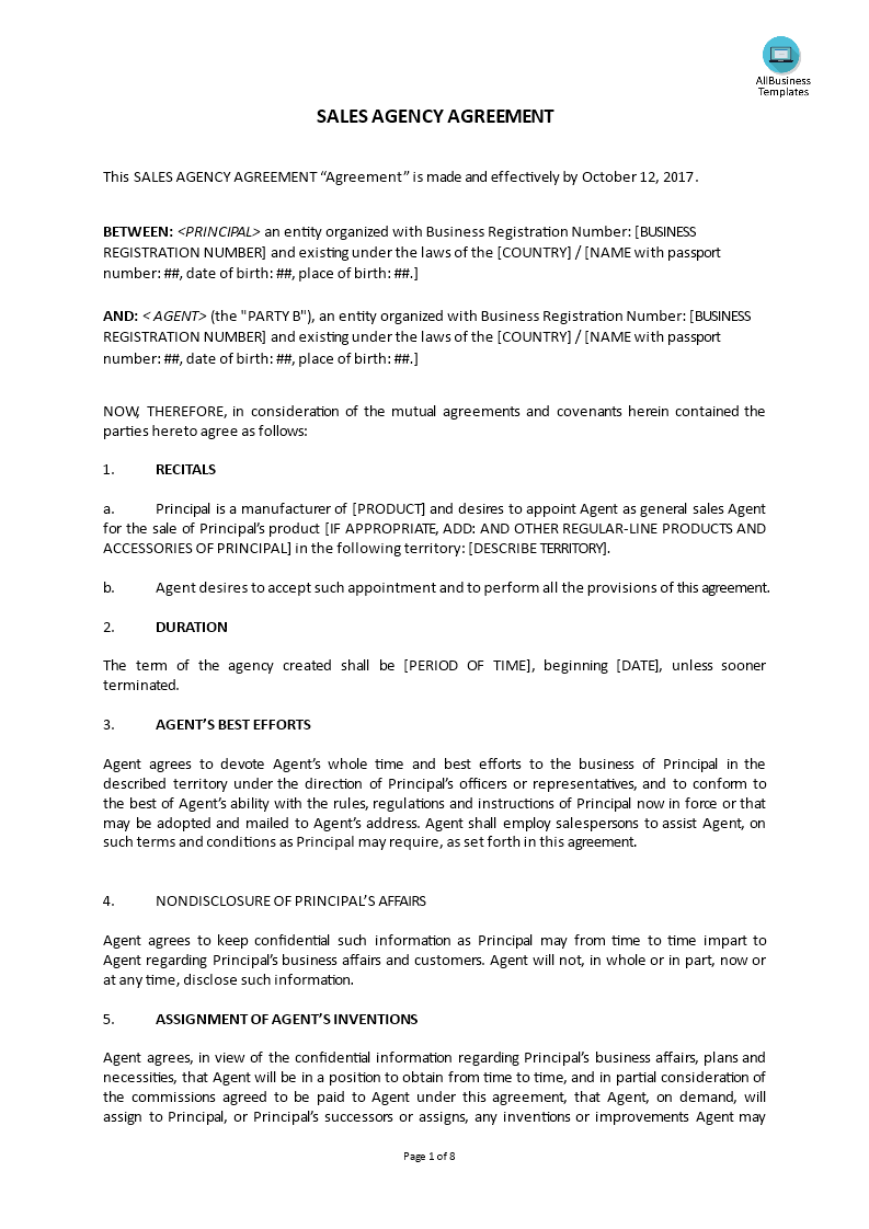 sales agency agreement modèles