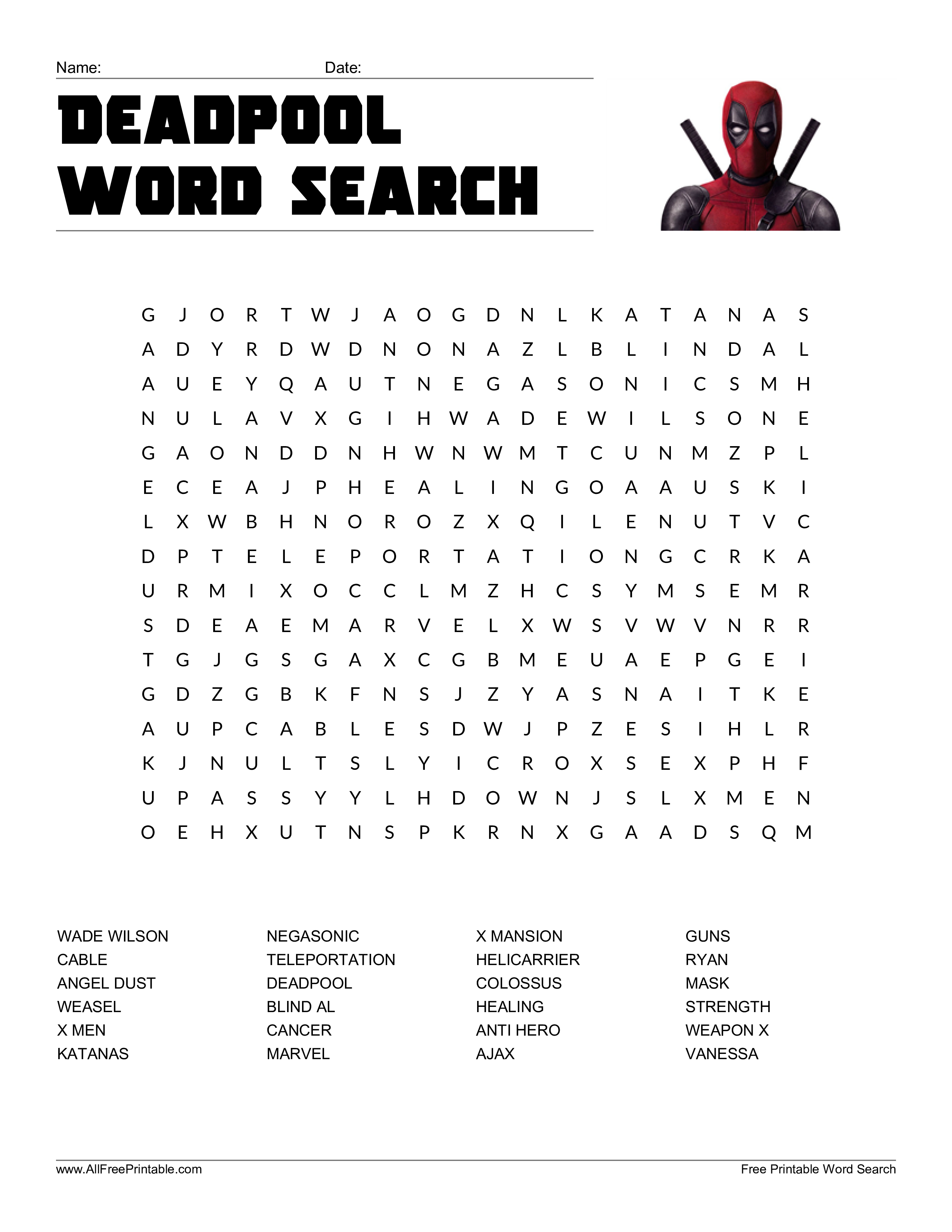 deadpool word search template