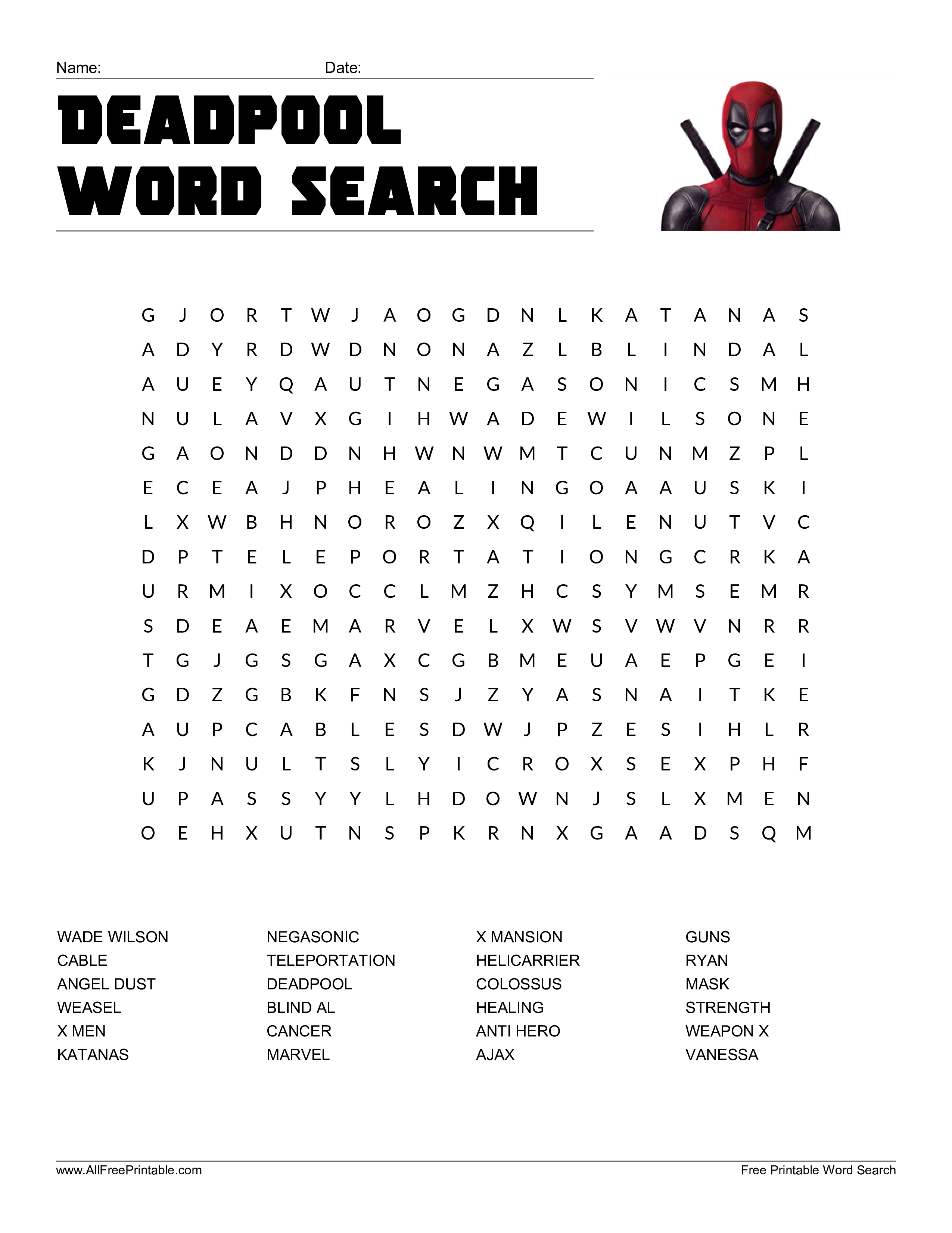 deadpool word search template