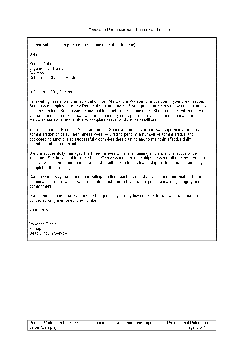 manager professional reference letter template