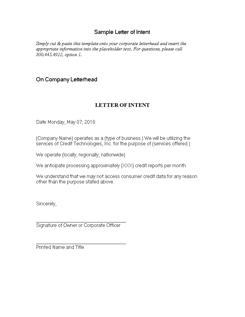 sample professional letter of intent template