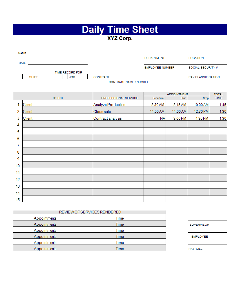 Kostenloses Daily Time sheet template With Regard To Appointment Sheet Template Word