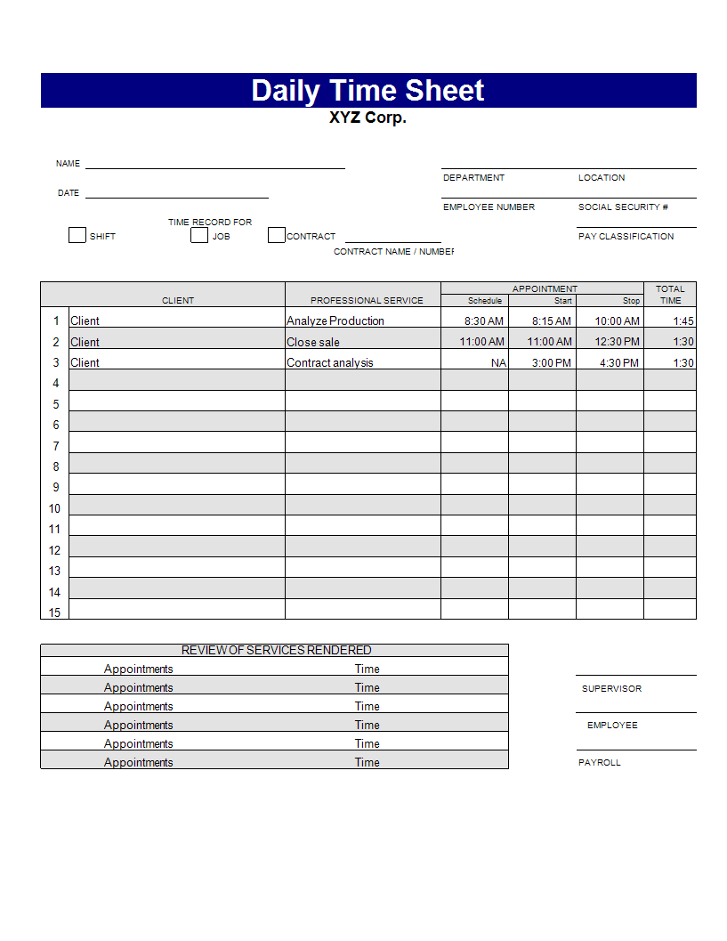 daily time sheet template modèles