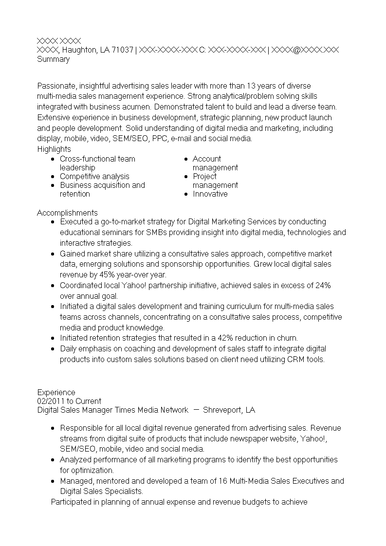 digital sales manager resume template