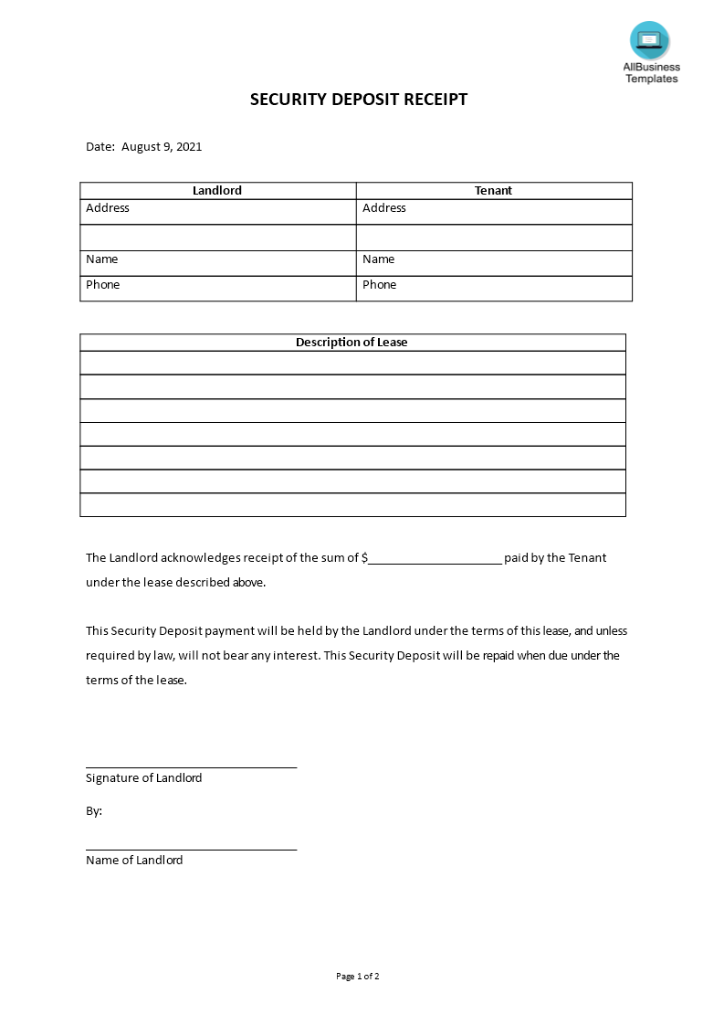 security deposit receipt template