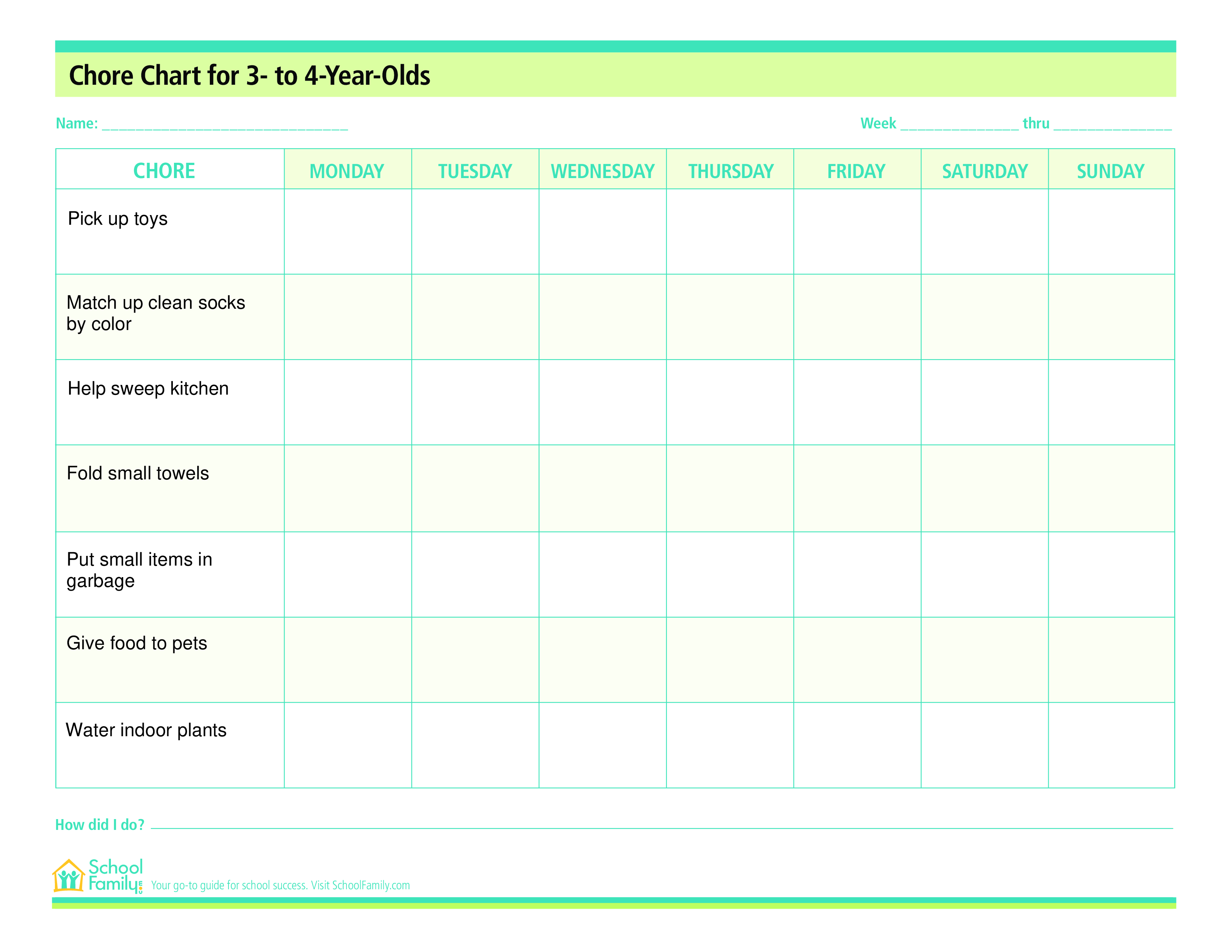 Chore Chart For 3 4 Year Olds