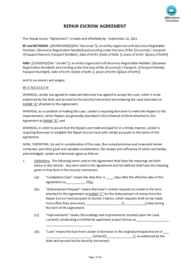 repair escrow agreement template