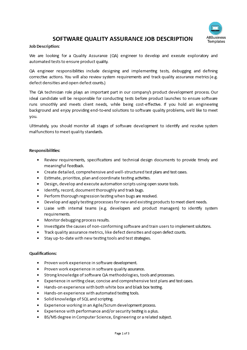 software quality assurance job description template