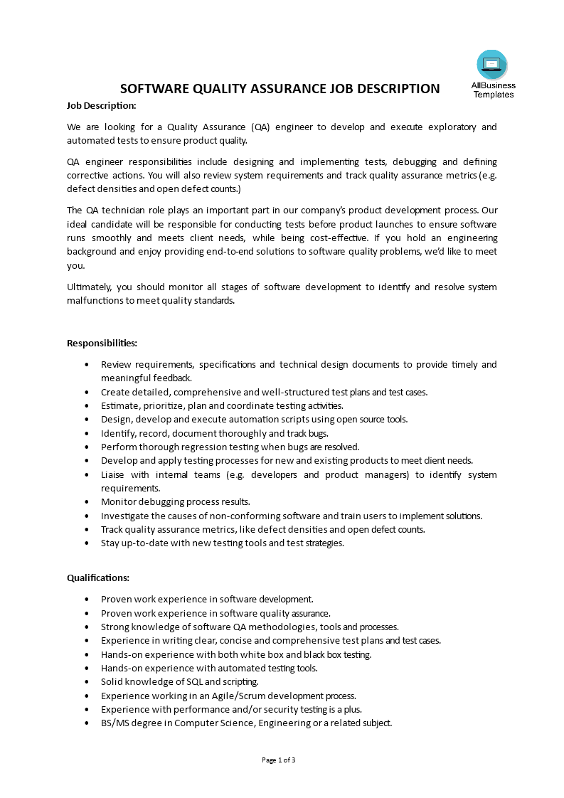 software quality assurance job description modèles