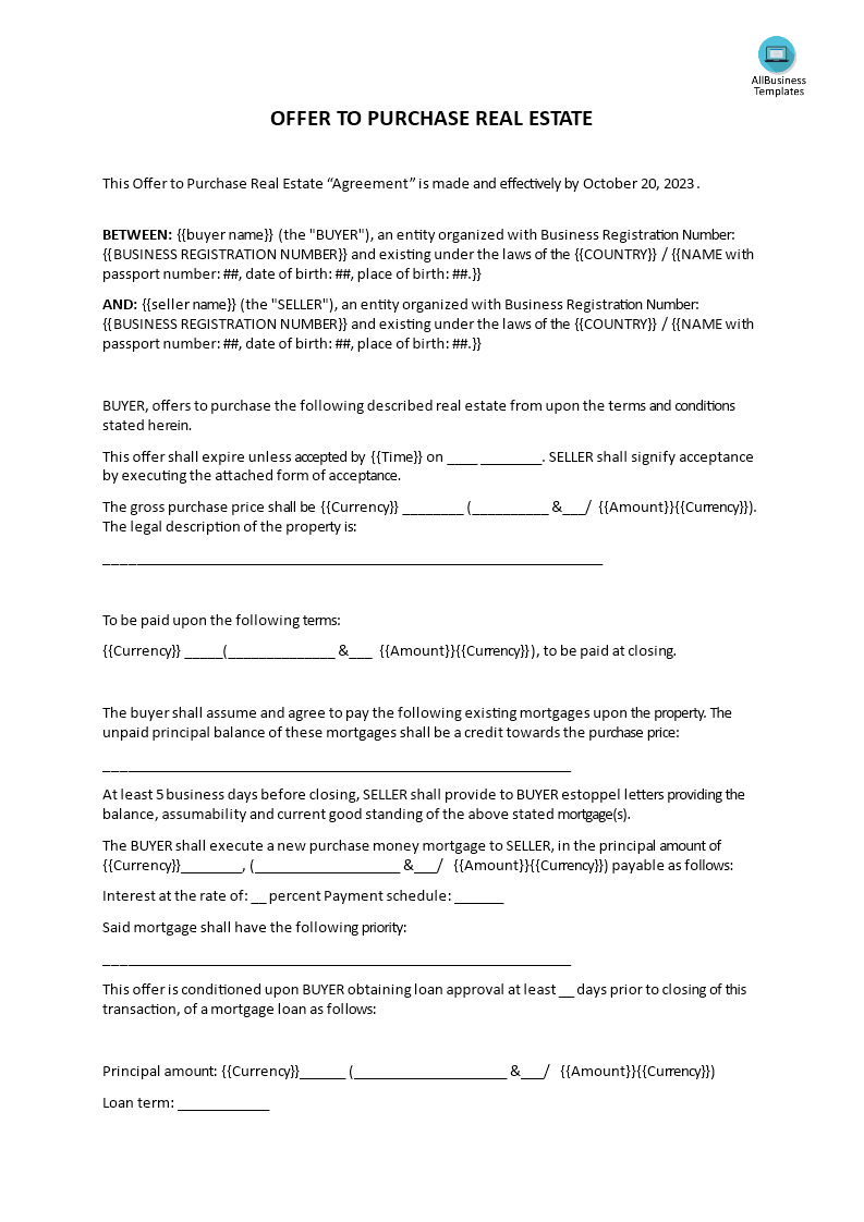 Offer to Purchase Real Estate Templates at