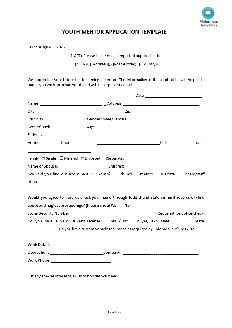 youth mentor application template template