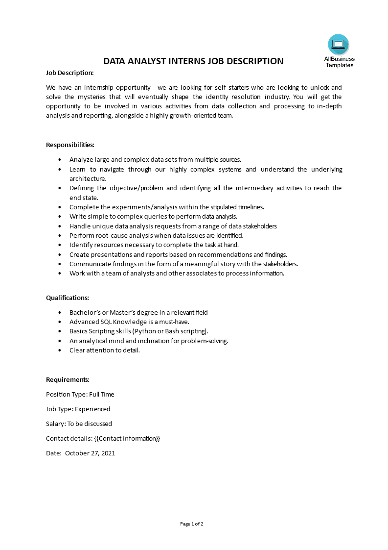 Data Analyst Interns Job Description 模板