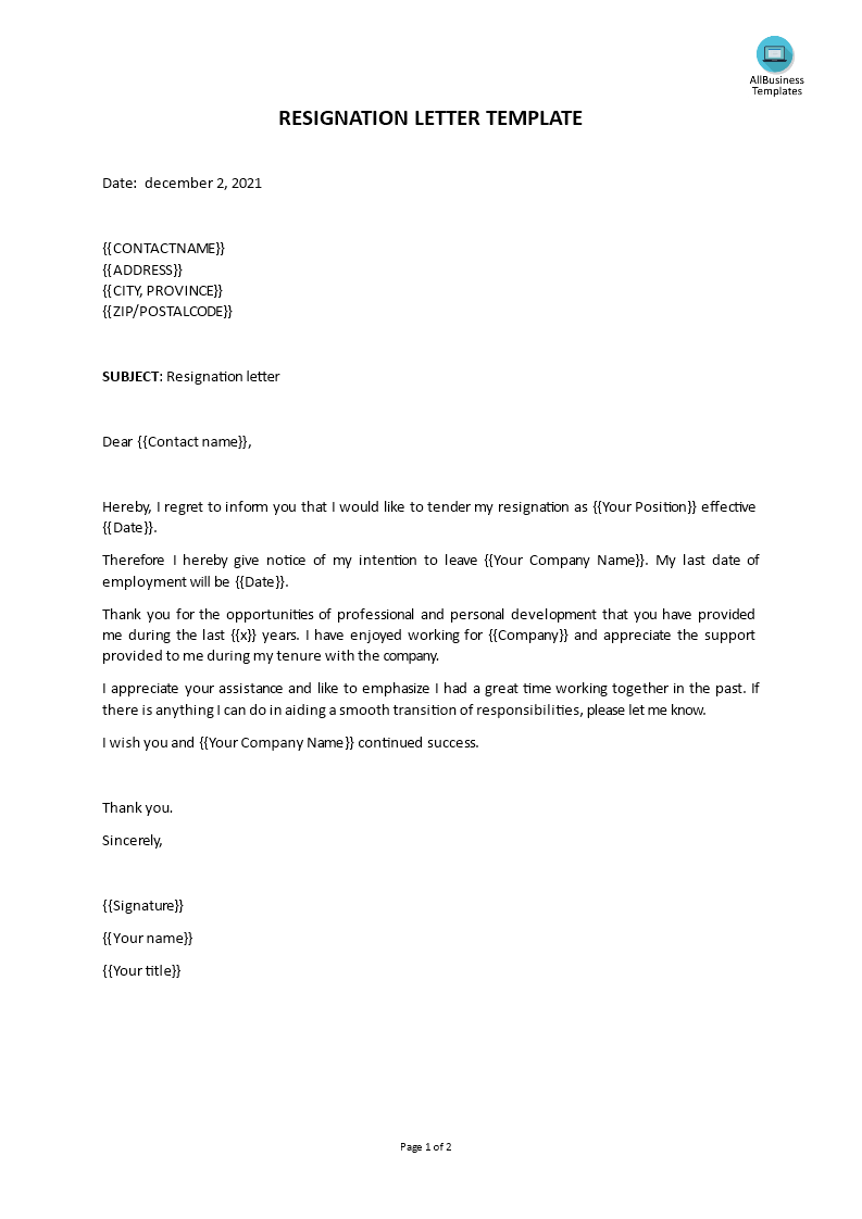 sample resignation letter template