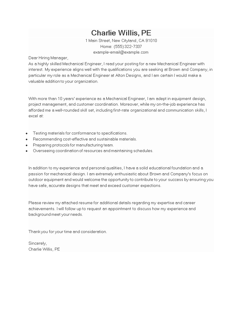 cover letter example for mechanical engineering job