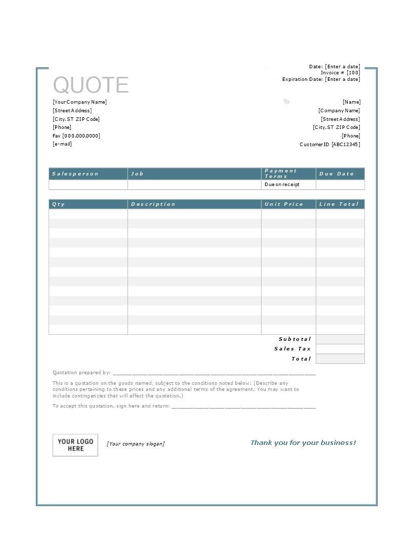 price quote template in word voorbeeld afbeelding 