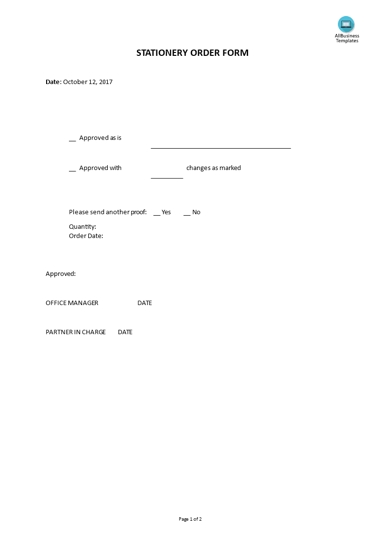 stationery order form voorbeeld afbeelding 