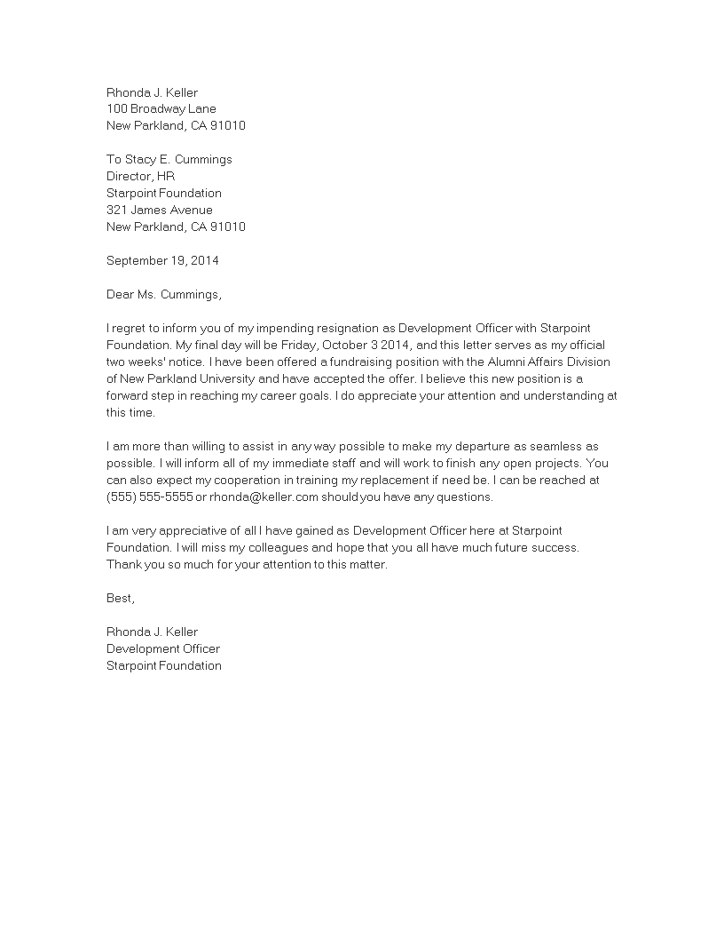 appreciative resignation letter development officer template