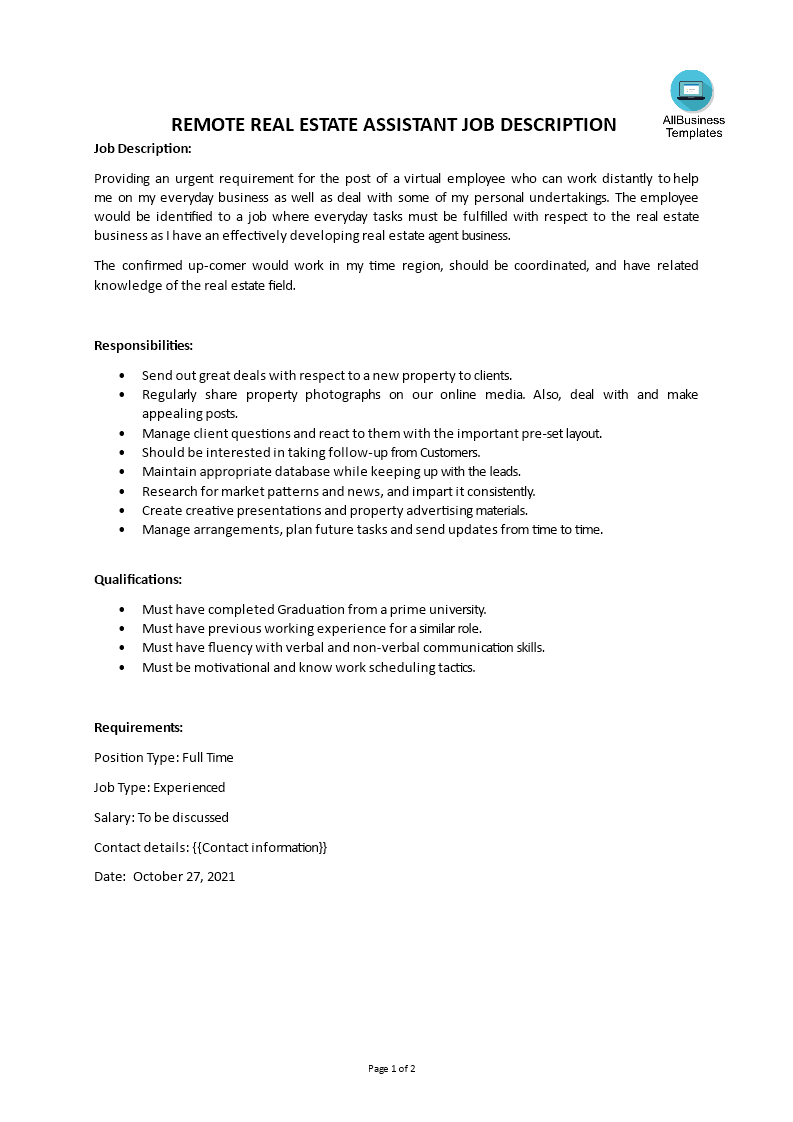 Remote Real Estate Assistant Job Description 模板