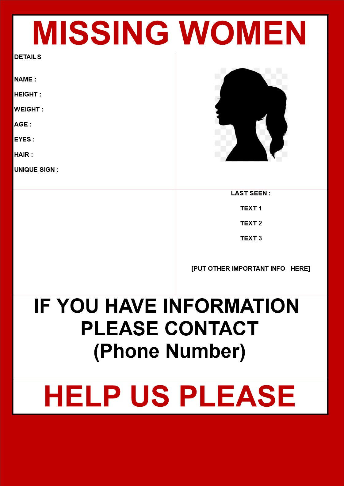 missing woman poster template voorbeeld afbeelding 