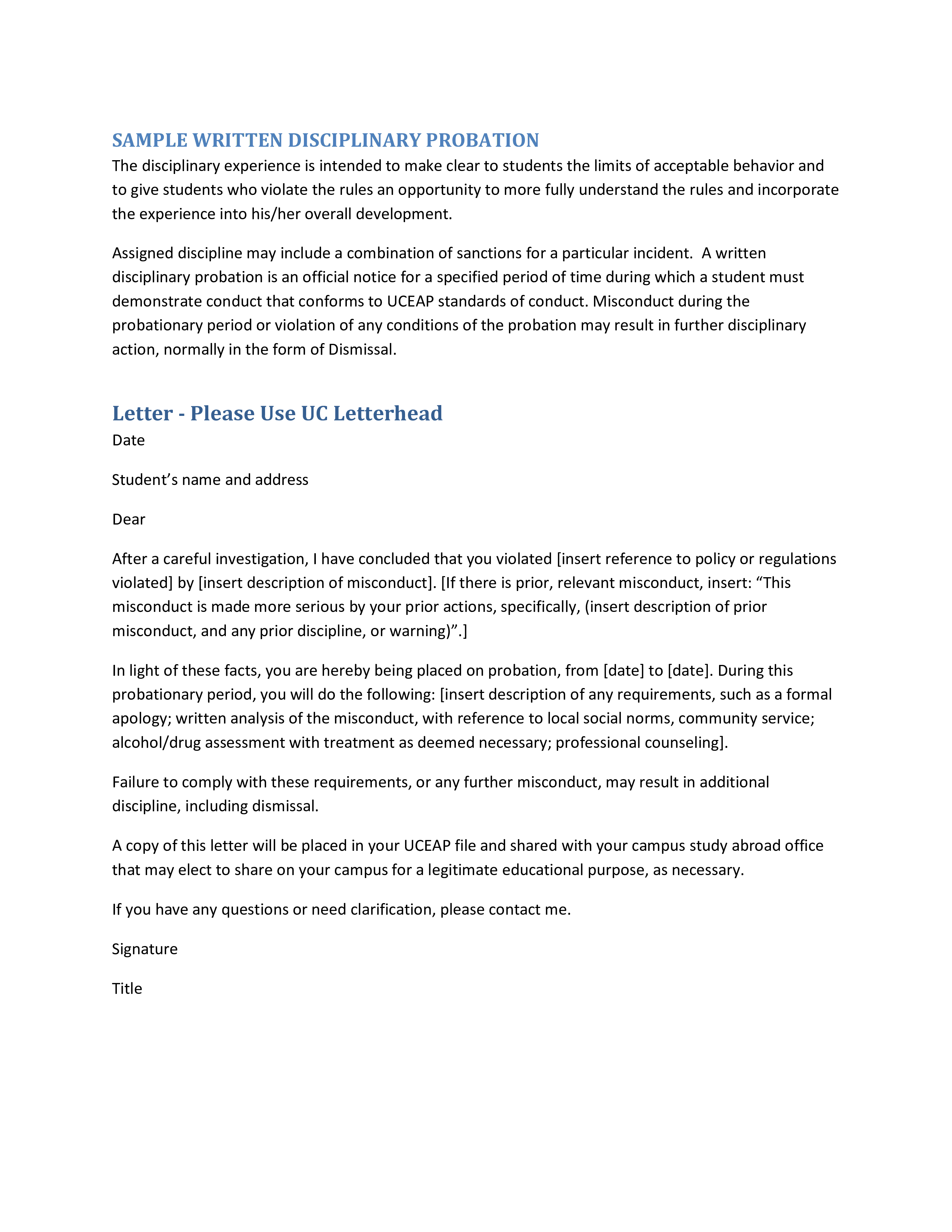 written disciplinairy probation template