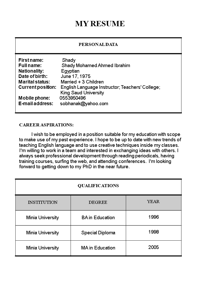 Primary Teacher Resume Format 模板