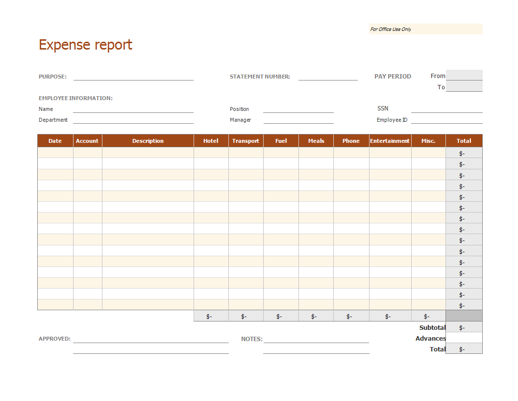 Employee Expense report XLS Template 模板