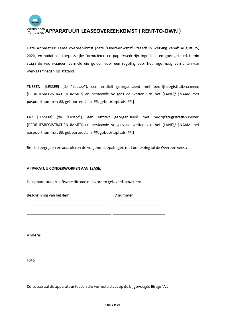 apparatuur lease modelovereenkomst (lease-to-own) plantilla imagen principal