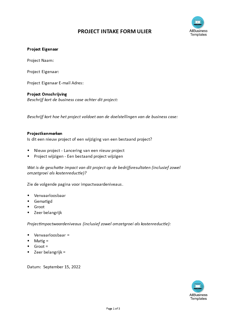 Project Intake Formulier main image