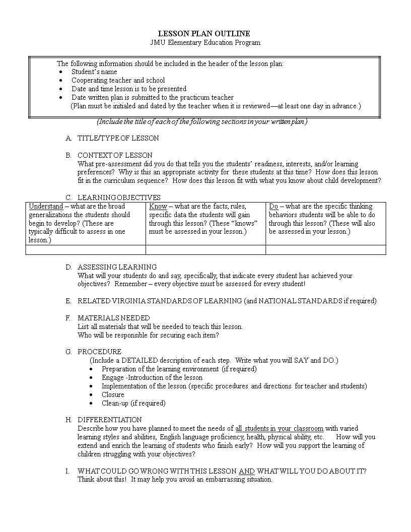 elementary lesson plan outline voorbeeld afbeelding 