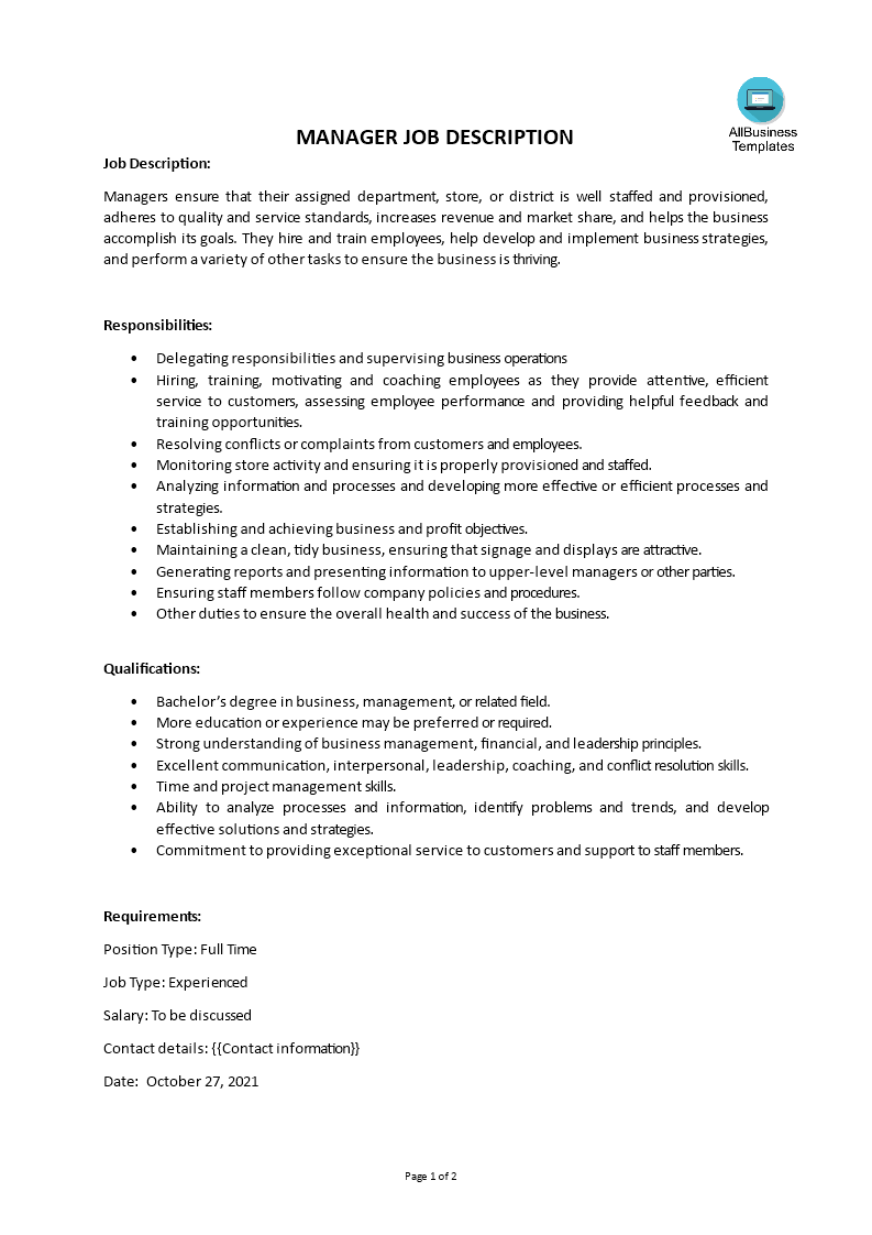 manager job description template