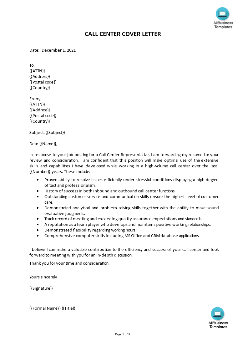 cover letter examples for call center agent