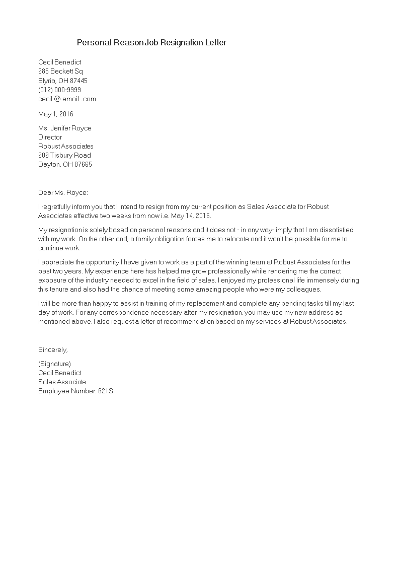 Sample Of Resignation Letter For Personal Reasons from www.allbusinesstemplates.com