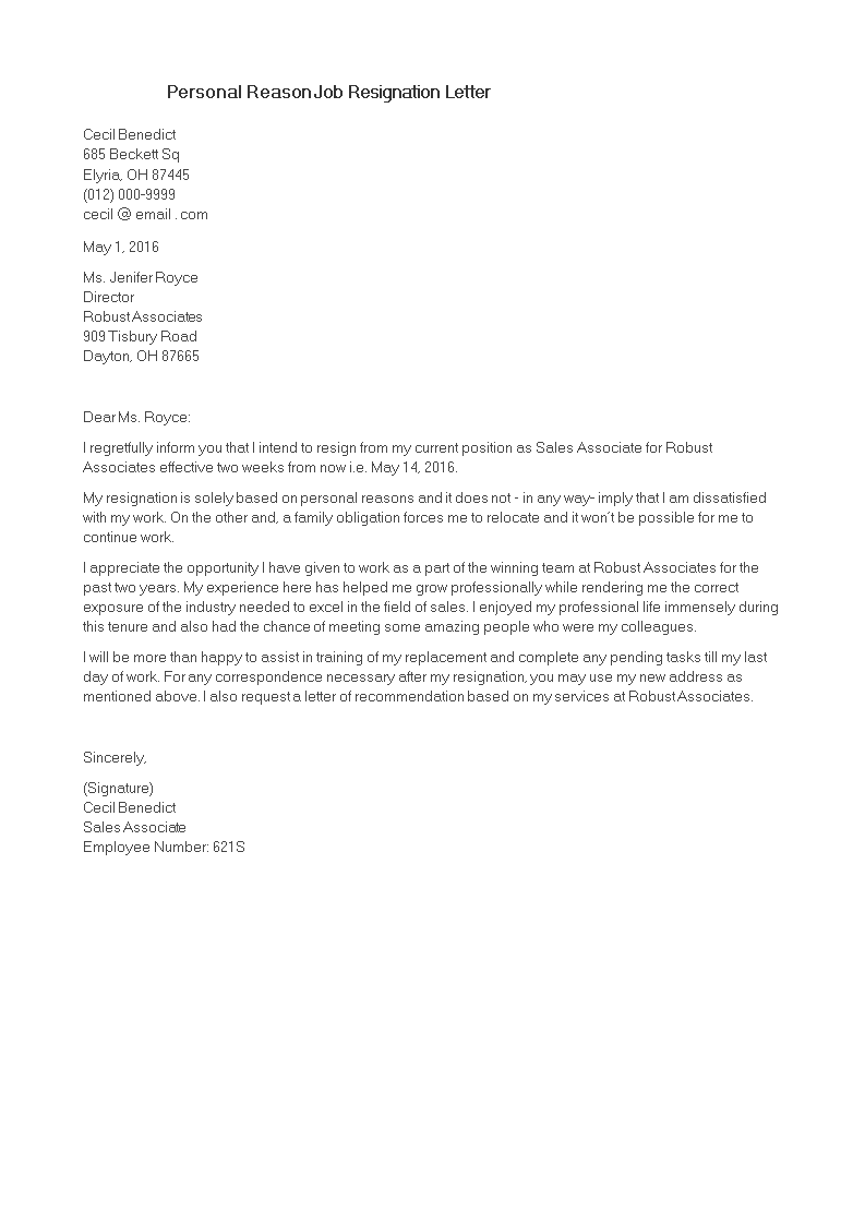 Kostenloses Personal Reason Job Resignation Letter