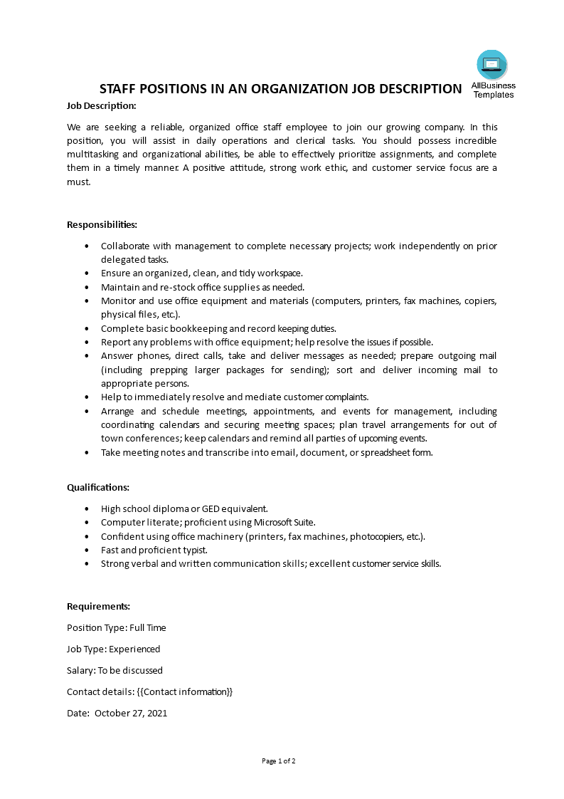 staff positions in an organization job description template