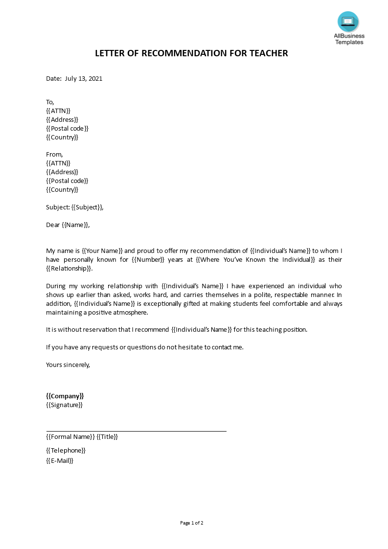 letter of recommendation for teacher template voorbeeld afbeelding 