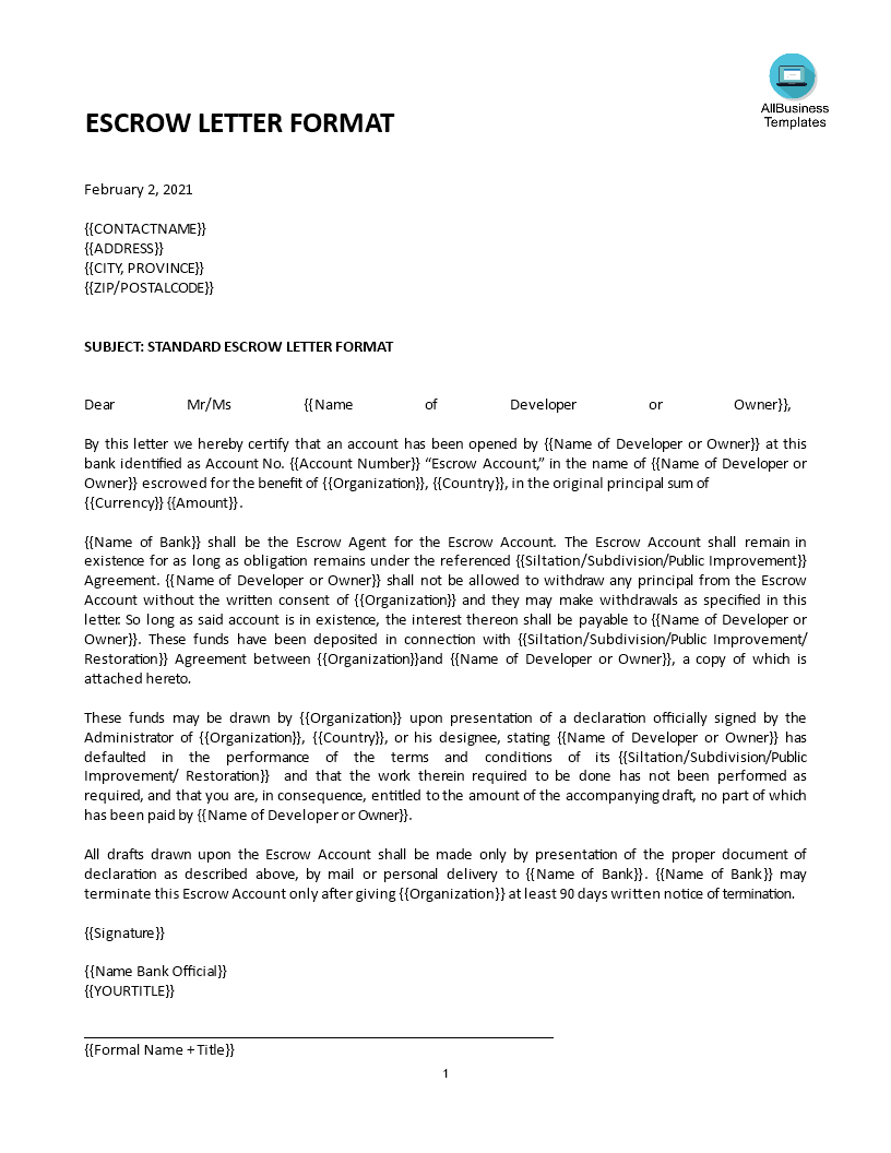 Escrow Letter Templates At Allbusinesstemplates