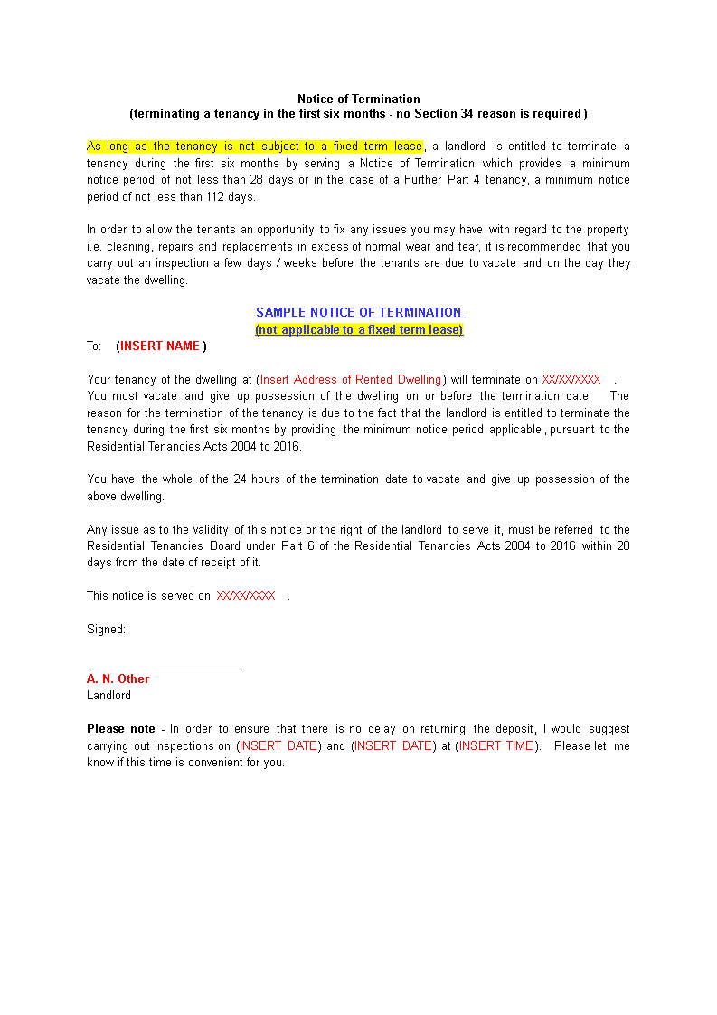 tenancy termination notice letter template