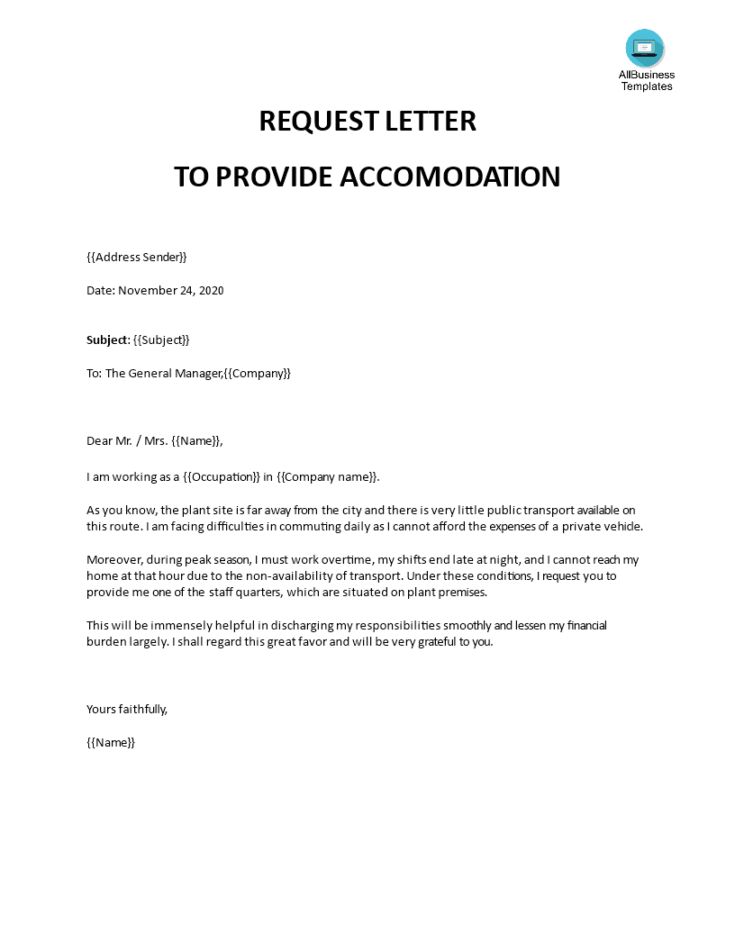Sample letter request for housing accommodation  Templates at