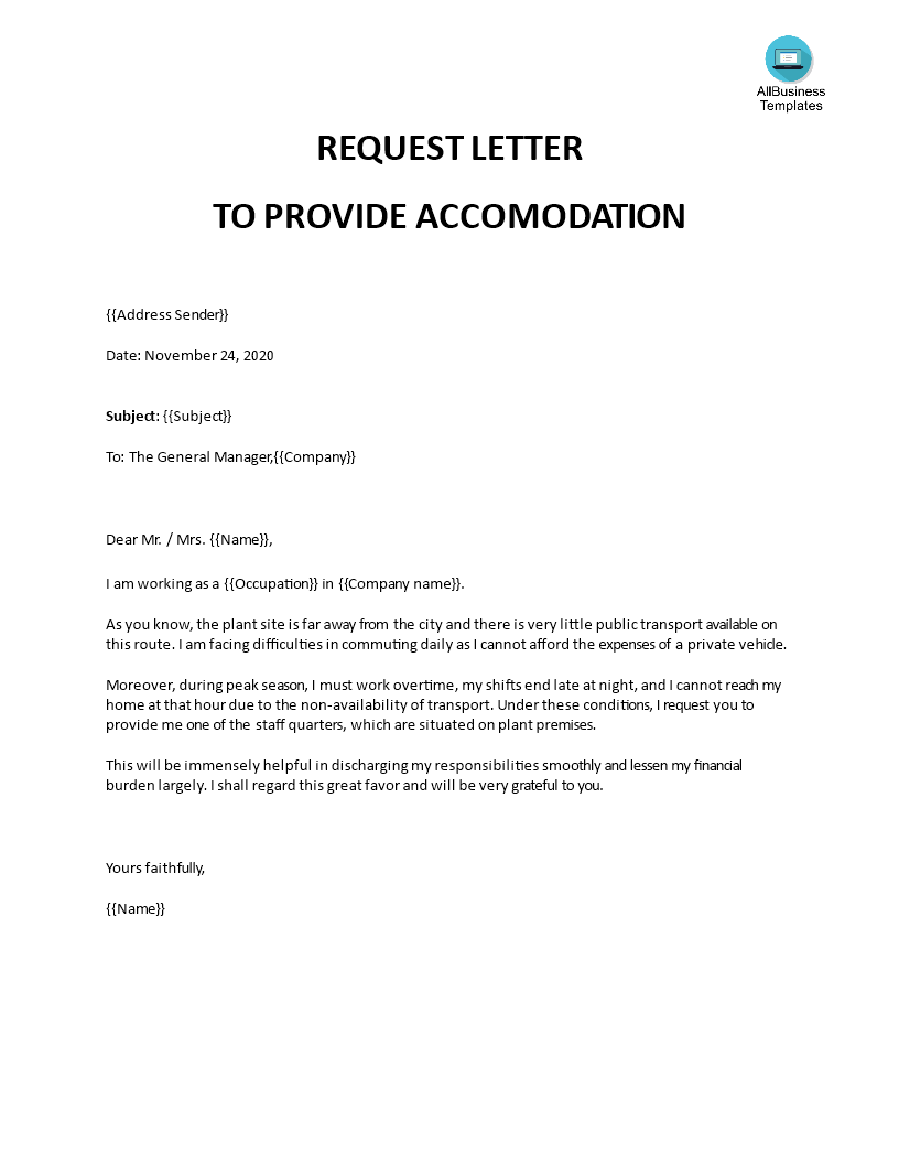 sample letter request for housing accommodation voorbeeld afbeelding 