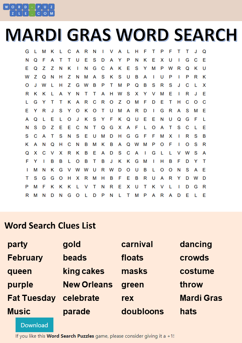 mardi gras word search printable voorbeeld afbeelding 