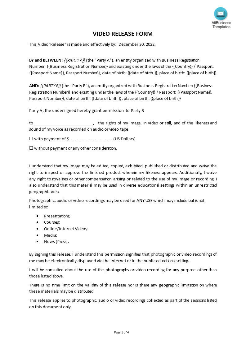 video model release form template