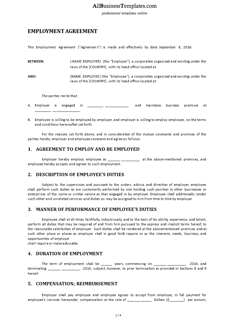 employment agreement templates at allbusinesstemplatescom